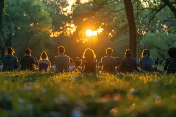 atardecer feliz grupo de gente sentada atardecer feliz grupo de gente sentada