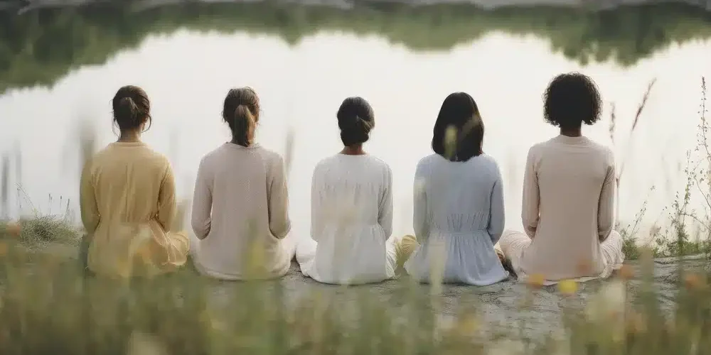 plano mujeres sentadas junto al lago