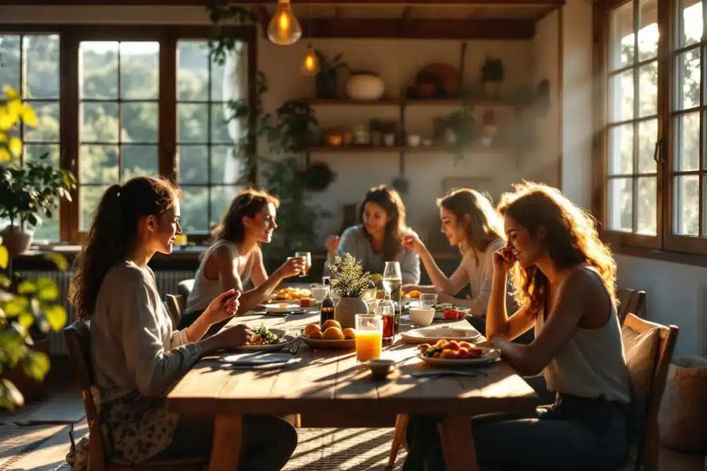 chicas desayunando alrededor mesa