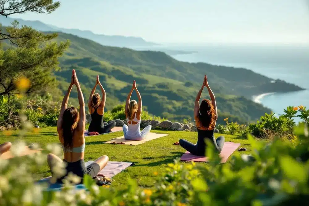 chicas mirador montaña haciendo yoga chicas mirador montaña haciendo yoga