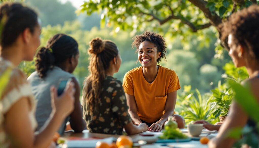 amigos sonriendo y charlando en un ambiente natural con vegetacion