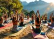 clase de yoga al aire libre con participantes en posturas de relajacion