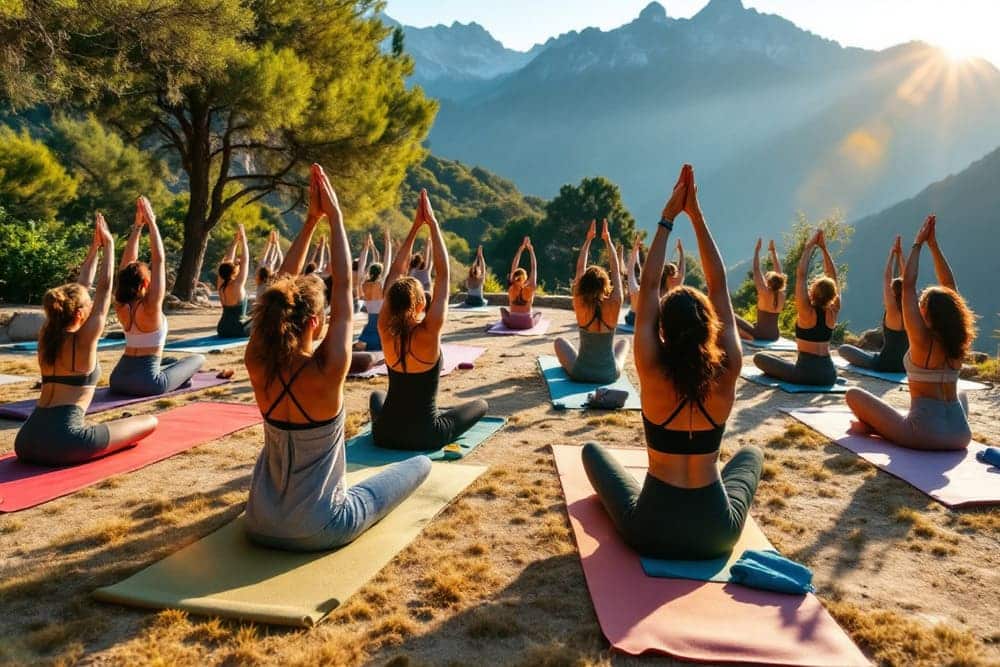 clase de yoga al aire libre con participantes en posturas de relajacion