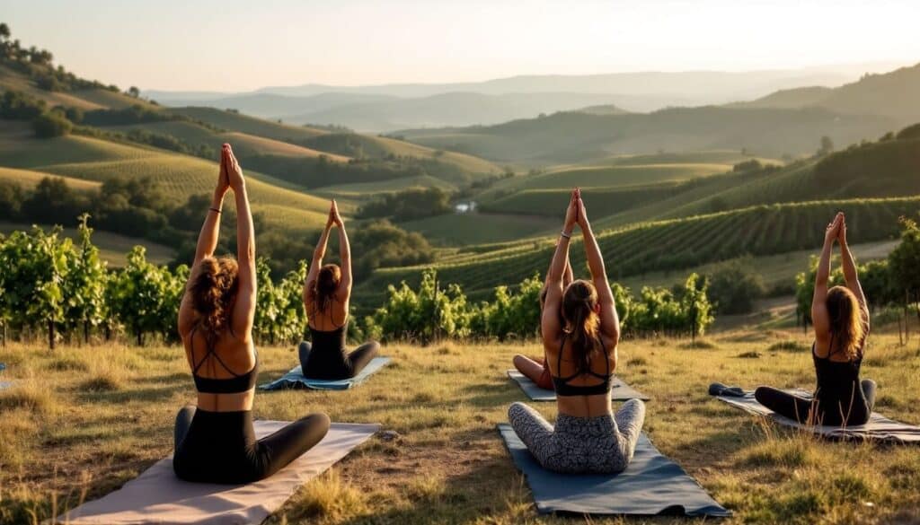 clase de yoga al aire libre con vistas a las colinas durante el atardecer