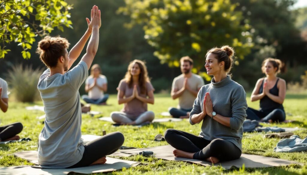 grupo de personas meditando en un campo verde en una actividad al aire libre