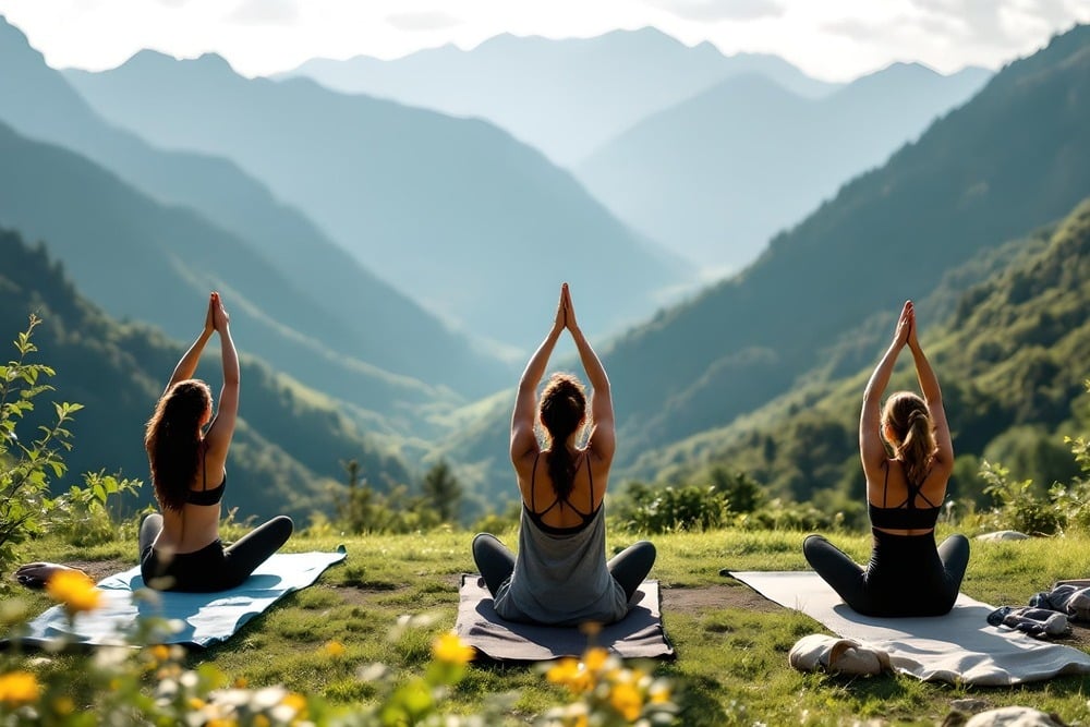 grupo de personas practicando yoga con vistas a un paisaje montanoso en un dia soleado