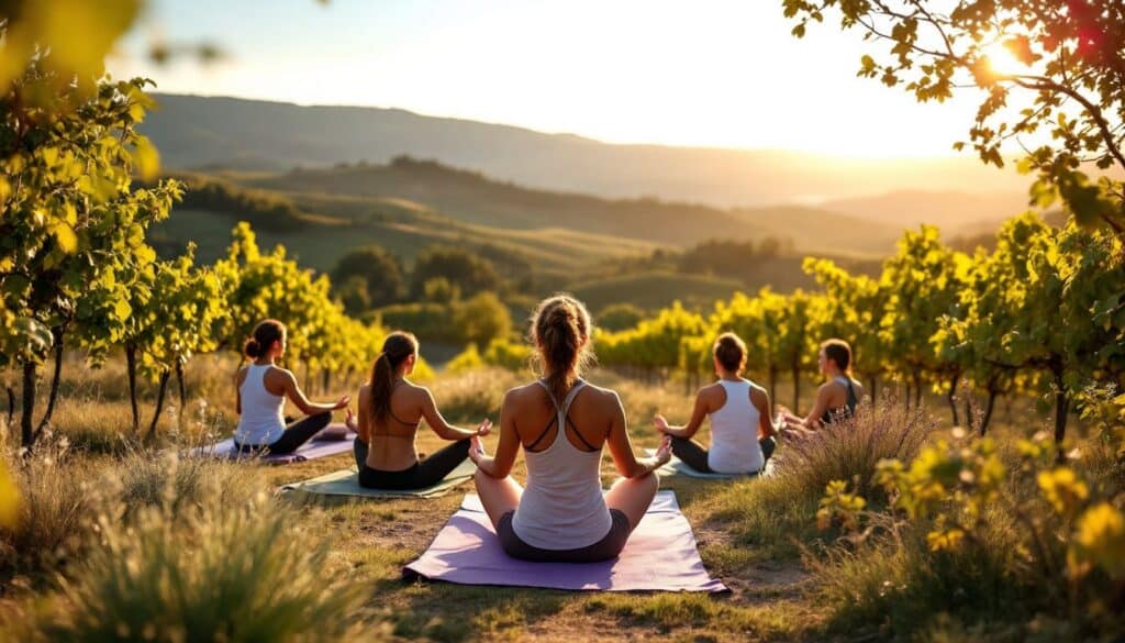 grupo en posturas de yoga en un entorno abierto y montanoso