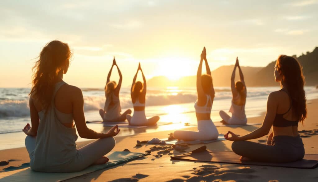 grupo practicando yoga en la playa al atardecer con el mar de fondo