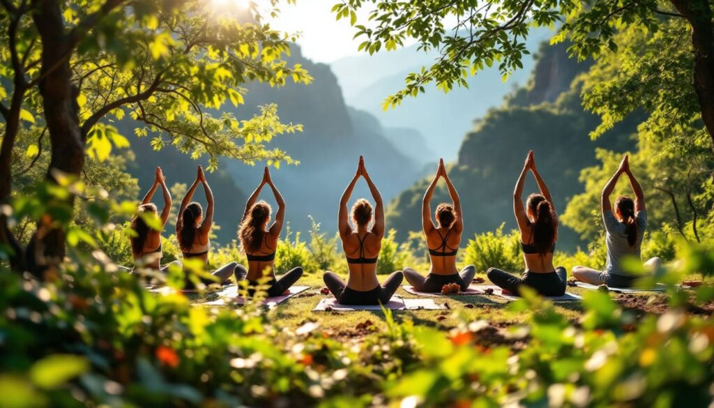 grupo practicando yoga en un bosque con vistas a las montanas en un dia soleado