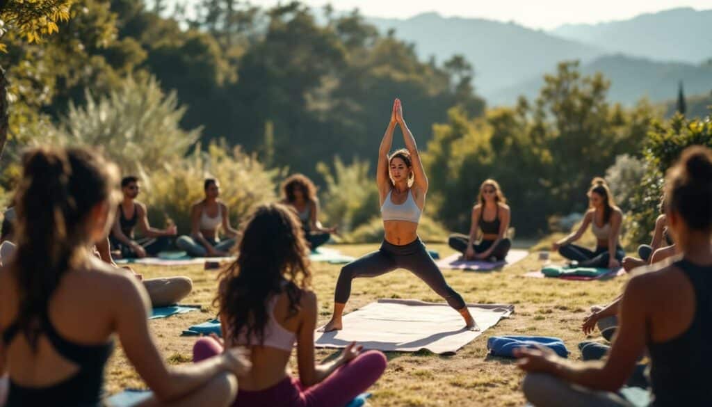 instructor guiando una clase de yoga en un parque con vegetacion y sol