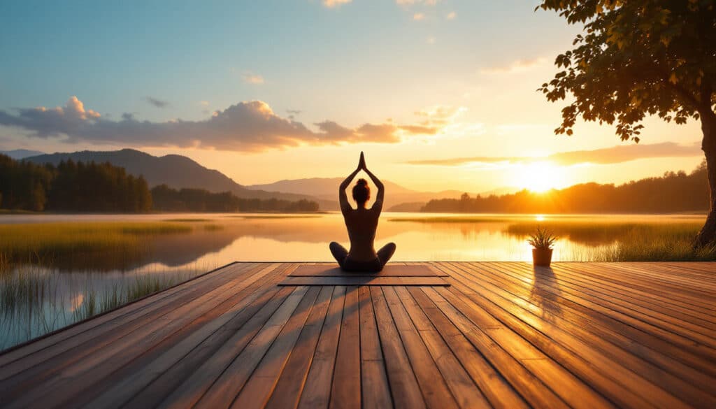 meditacion en una plataforma de madera con vista al lago durante la puesta de sol