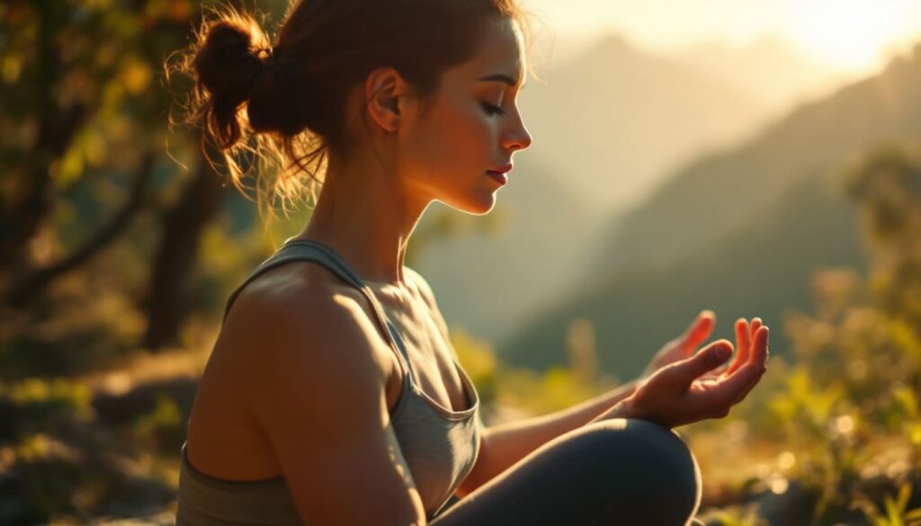 mujer meditando en un entorno natural durante el atardecer en una posicion de relajacion