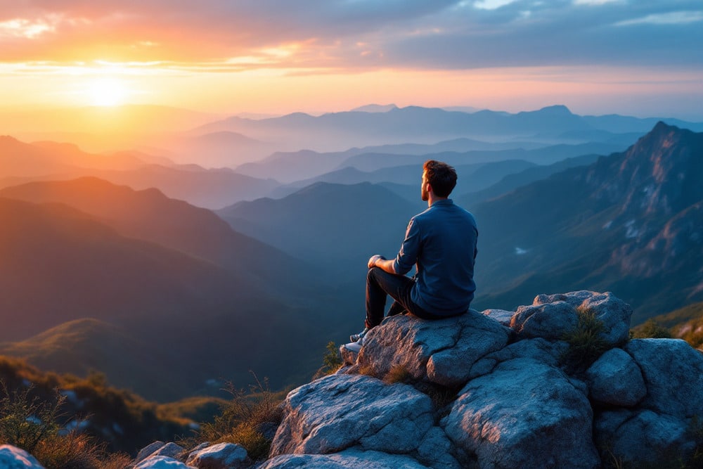 persona sentada en una montana disfrutando de un atardecer sobre el valle