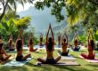 personas en posturas de yoga en un claro del bosque con vistas panoramicas