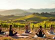 personas meditando en un campo abierto con sol al ocaso