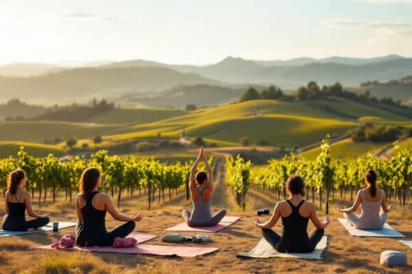 personas meditando en un campo abierto con sol al ocaso