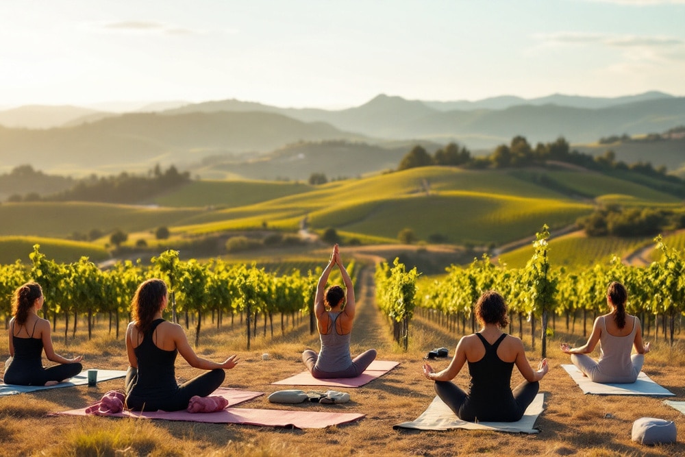 personas meditando en un campo abierto con sol al ocaso