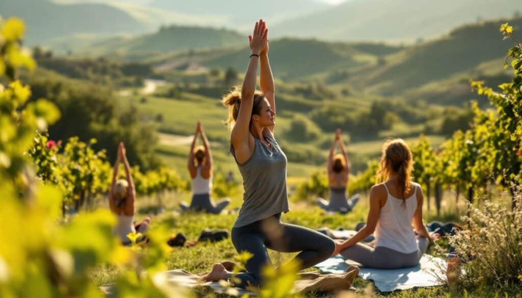 personas practicando yoga en un campo con plantas y luz natural