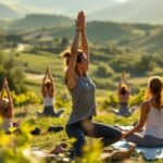 personas practicando yoga en un campo con plantas y luz natural