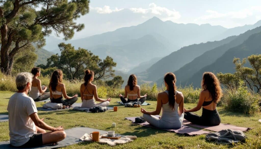 personas reunidas en un parque natural realizando actividades de relajacion y meditacion en grupo