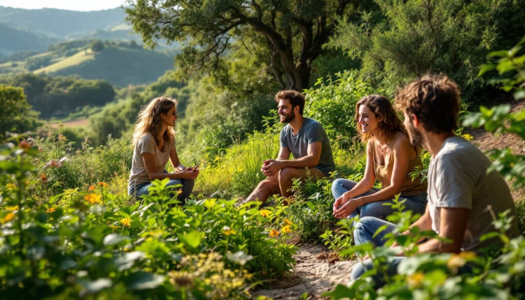 amigos charlando sentados en parque verde al aire libre