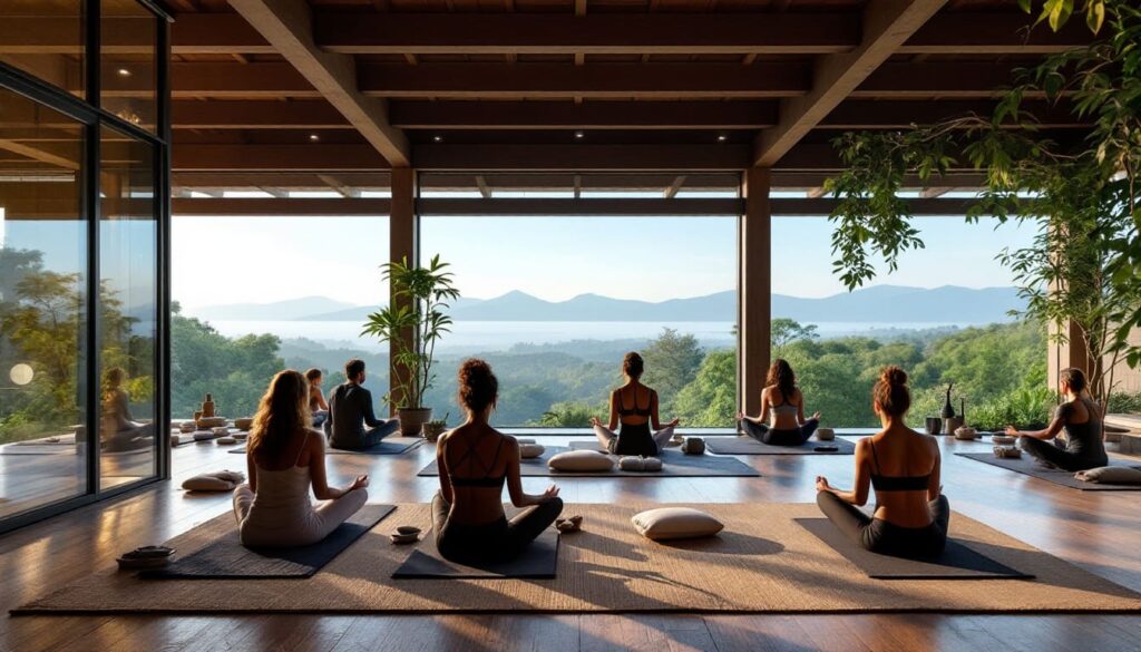 grupo de personas realizando yoga en campo con vista a la ciudad