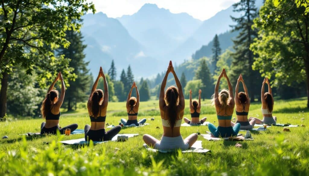 grupo haciendo yoga en campo verde con montanas de fondo