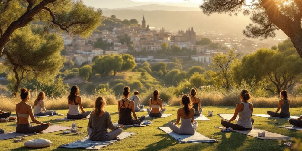 grupo practicando yoga en patio al aire libre con vista panoramica