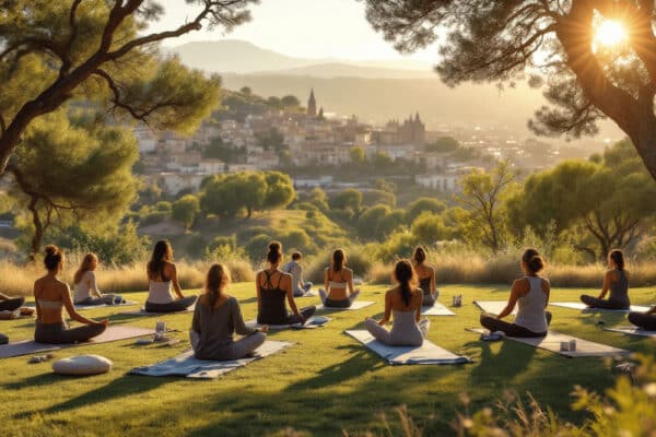 grupo practicando yoga en patio al aire libre con vista panoramica