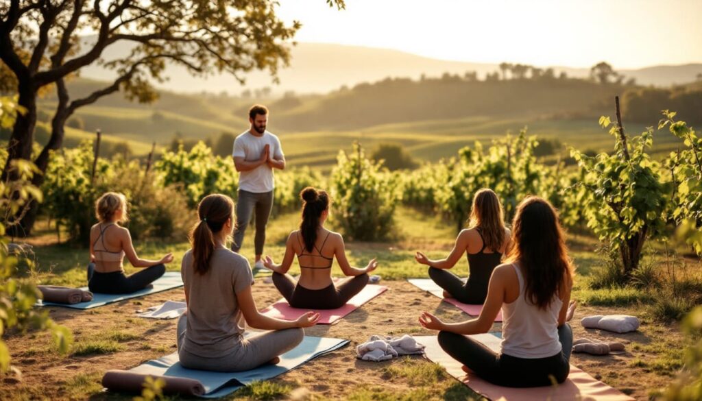 instructor guiando clase de yoga al aire libre en parque natural