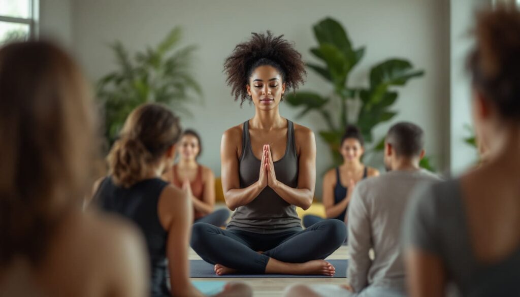 mujer liderando meditacion en grupo