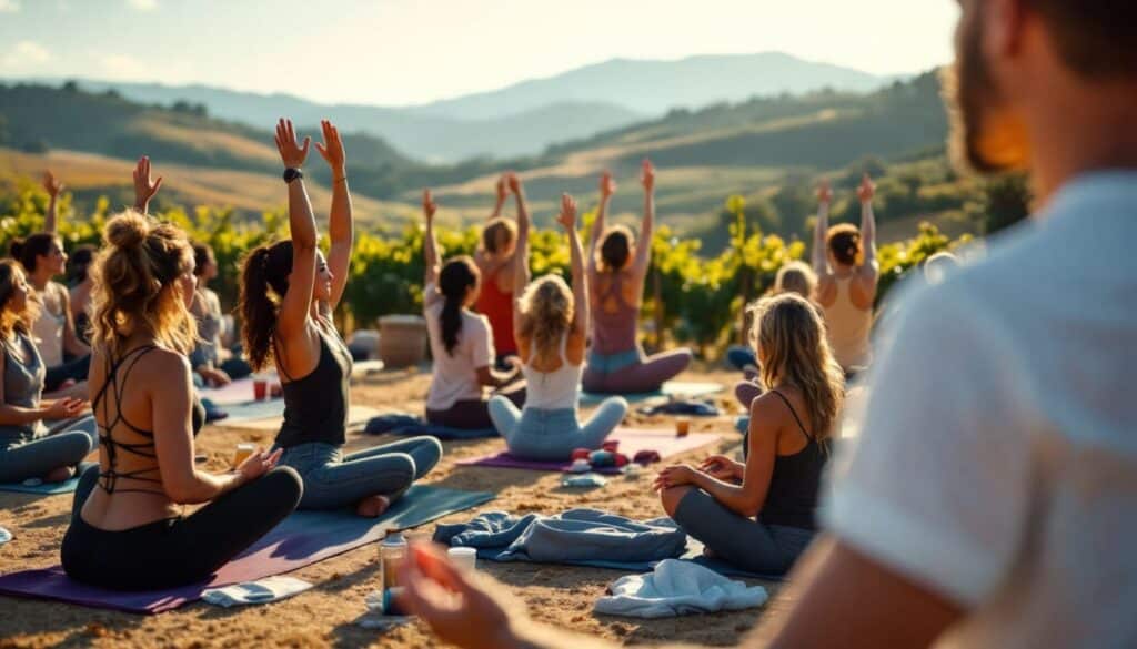 personas realizando yoga en campo con vista a las montanas