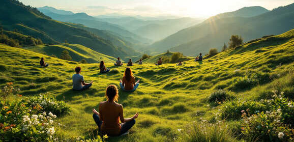 grupo personas medita naturaleza montanas pradera amanecer