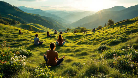 grupo personas medita naturaleza montanas pradera amanecer