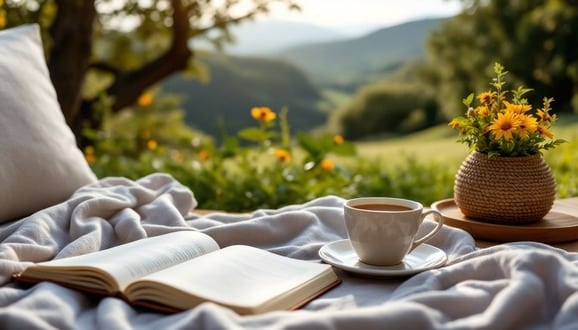 libro taza te relax montana pradera desayuno al aire libre