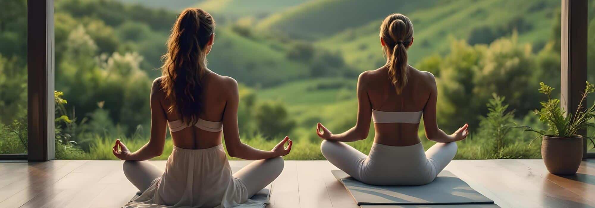 mujeres practican yoga meditacion exterior vista valle relajacion