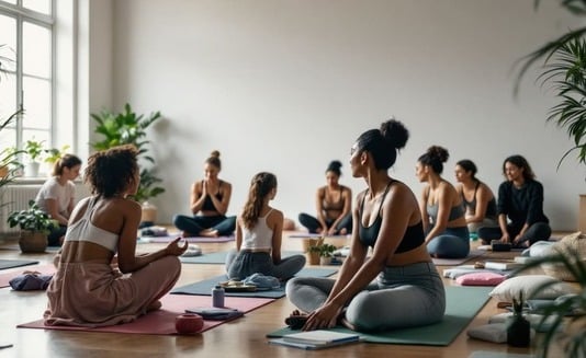 clase de yoga en interior con mujeres en postura de loto en sala iluminada por luz natural