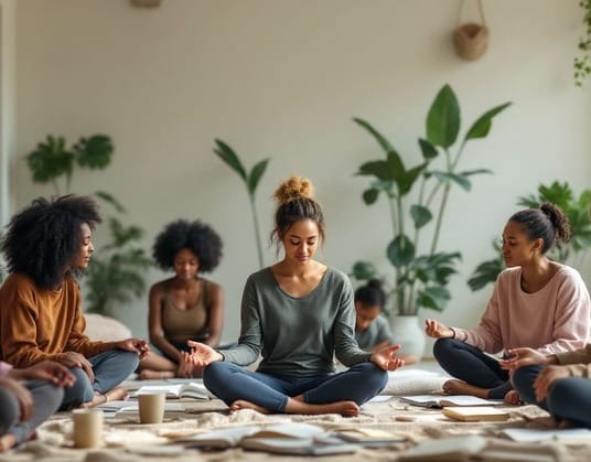 grupo de mujeres reunidas en circulo sobre esteras en sala con plantas para actividad de relajacion