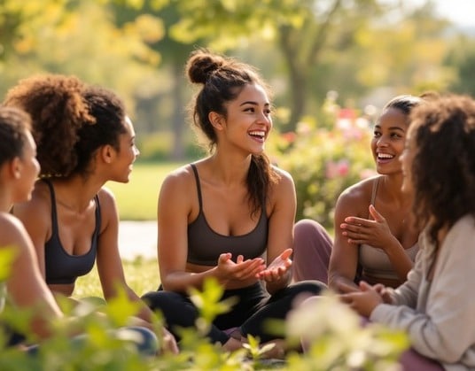 mujeres sonriendo y charlando al aire libre sentadas en circulo durante actividad en la naturaleza