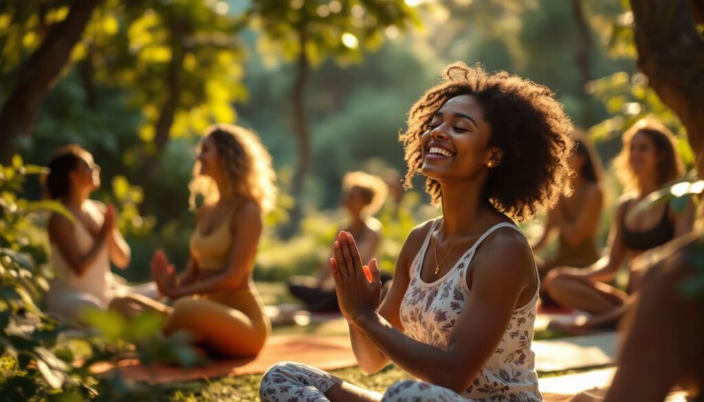 clase yoga exterior mujeres disfrutan naturaleza