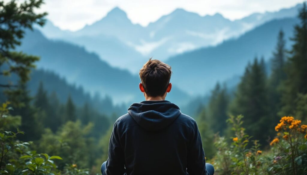 hombre de espaldas observando montanas en paisaje natural con vegetacion y cielo claro