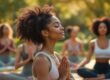 joven afroamericana practica yoga aire libre meditacion