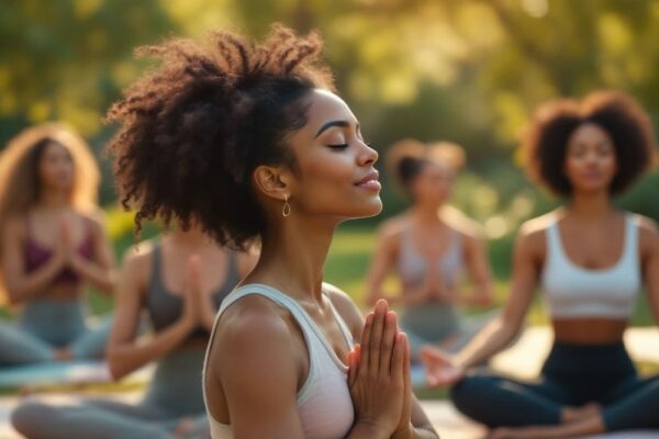joven afroamericana practica yoga aire libre meditacion