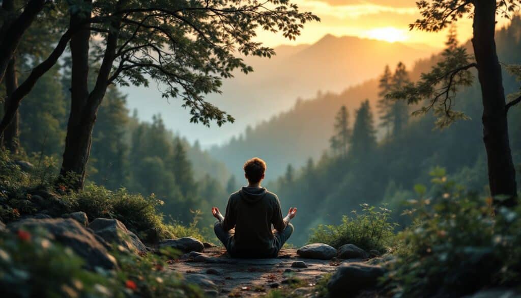 persona meditando en piedra en montana al atardecer con vistas a valle y arboles en paisaje tranquilo