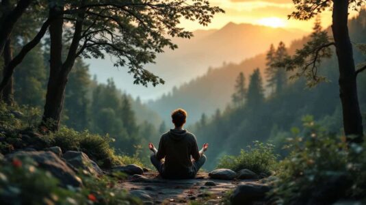 persona meditando en piedra en montana al atardecer con vistas a valle y arboles en paisaje tranquilo persona meditando en piedra en montana al atardecer con vistas a valle y arboles en paisaje tranquilo