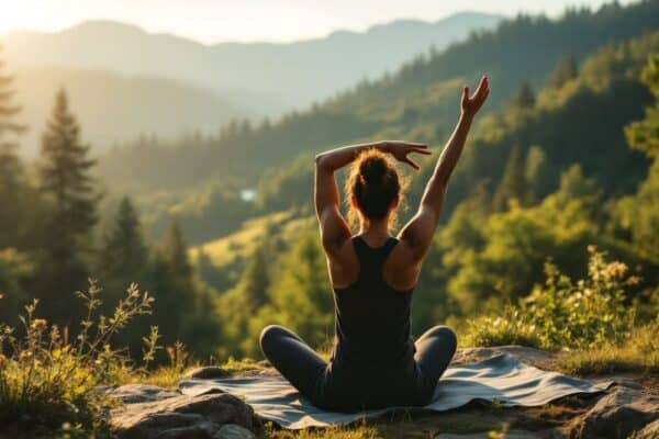 persona meditando sentada en roca con vistas a montanas y arboles en paisaje natural al amanecer