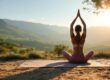 A photograph of a serene outdoor yoga session set against the stunning backdrop of navarra's lush landscapes