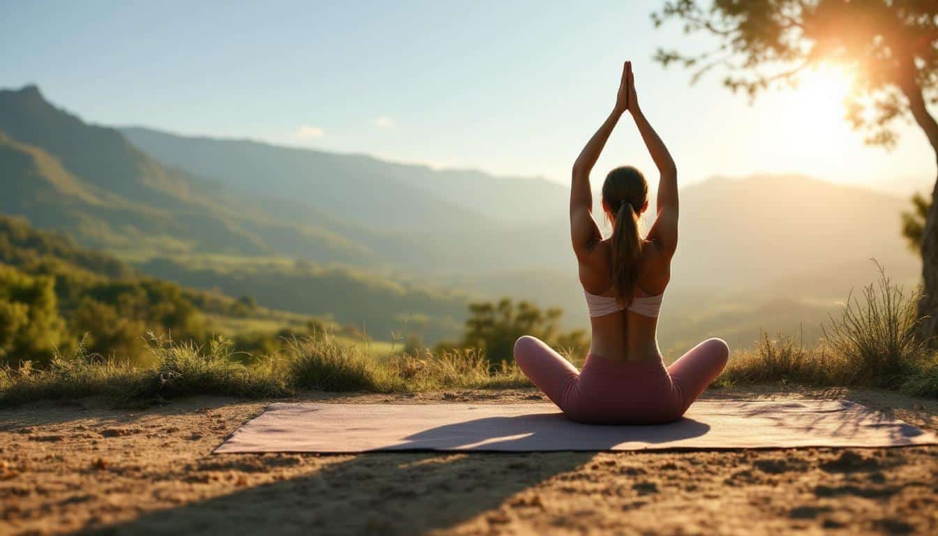 A photograph of a serene outdoor yoga session set against the stunning backdrop of navarra's lush landscapes