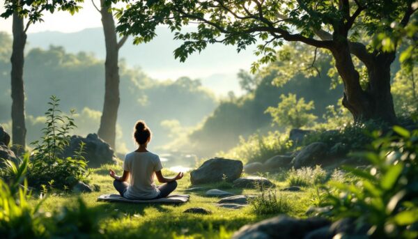 A photograph of a serene meditation retreat setting