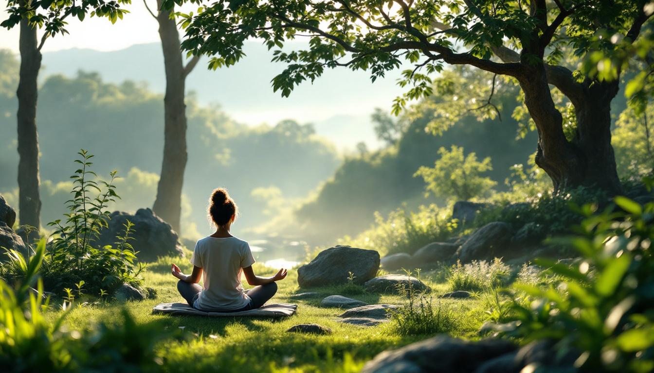 A photograph of a serene meditation retreat setting